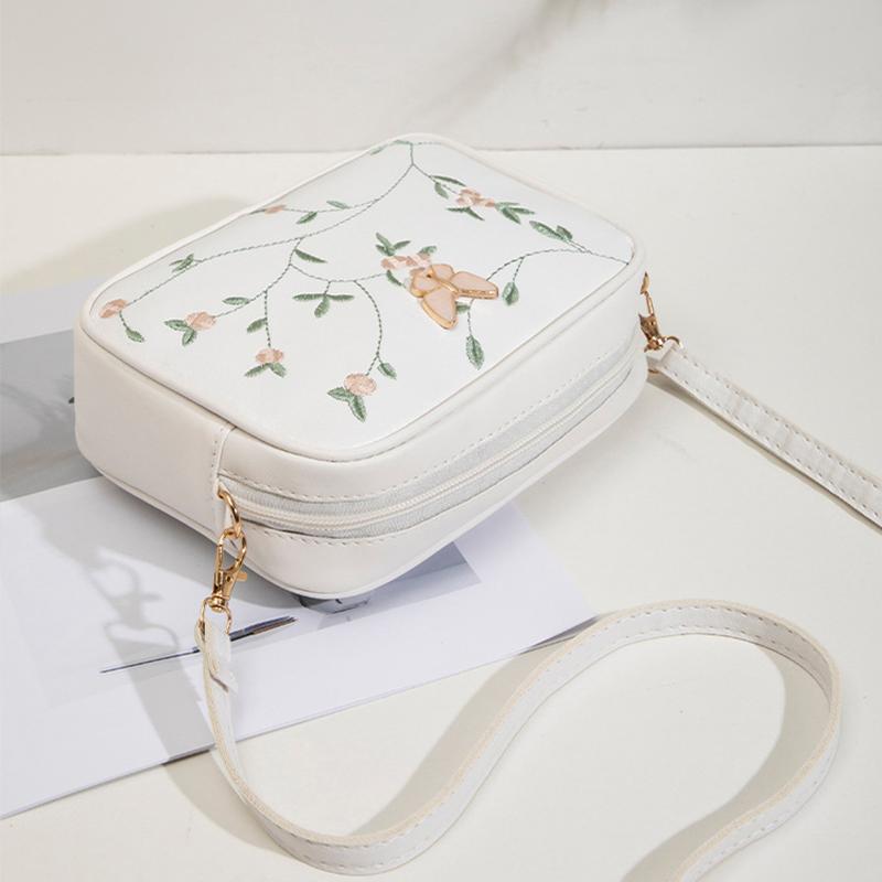 Embroidered Flower Bow Camera Bag Simple Women's Casual Small Square Bag PU Leather Shoulder Crossbody Bag AVE