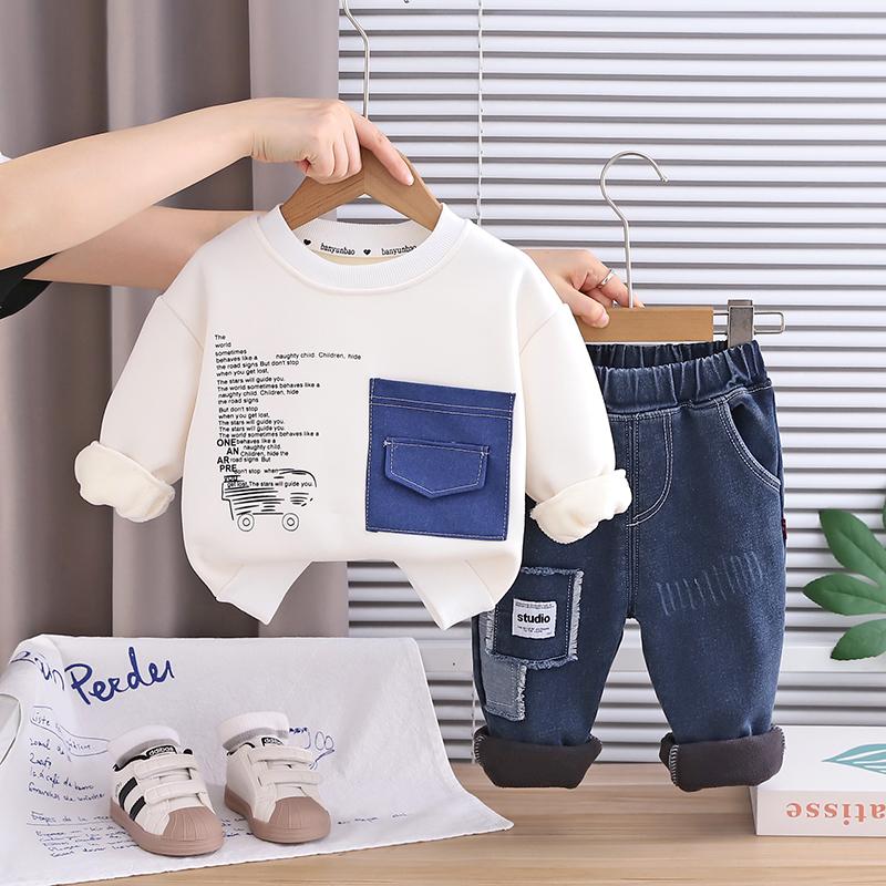 Boys' Long Sleeved Two-piece Set, 0-5-year-old Children's Printed Fleece Hoodie+casual Denim Pants Set