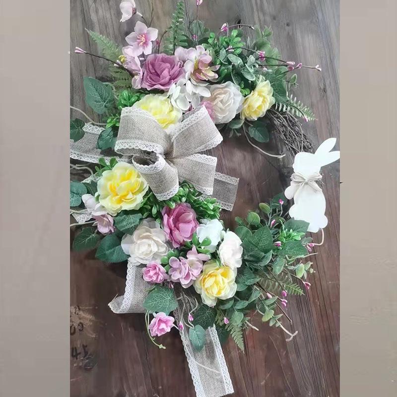 New Easter Wreath with Green Plants, Bowknot, and Rabbit Wall Decor