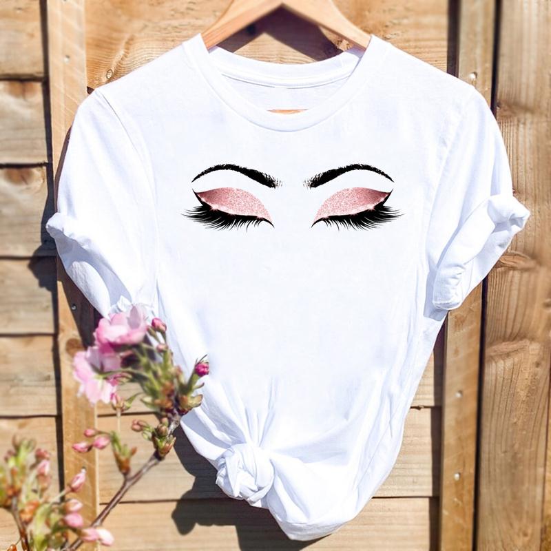 Women Print T-shirts Watercolor Eye Lashes Eyelashes Trend Graphic Tops Fashion Short Sleeve Summer Shirt Female Tees