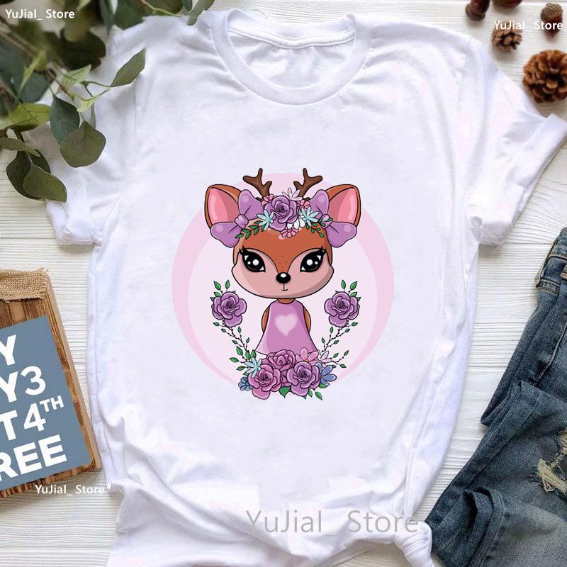 Kawaii Alpaca With Flowers And Coffee Print T Shirt Girls Summer Short Sleeve Tshirt Femme Fashion Tops Tee Shirt Female