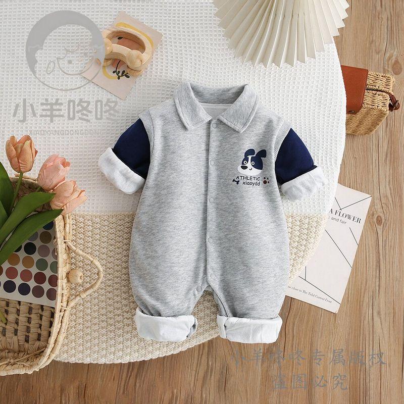 

Spring and Autumn Style Gray-Blue Infant Long-Sleeve Turn-Down Collar Fashion Double-Layer Cartoon Korean-Style Romper for Boys and Girls Gray 66