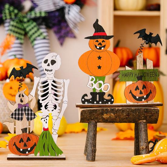 Halloween Wooden Table Sign, Spooky Skeleton Pumpkin Bat Ghost Centerpiece Sign for Home, Shelf, Desk, Mantel, Tabletop, Tiered Tray, Party Decor