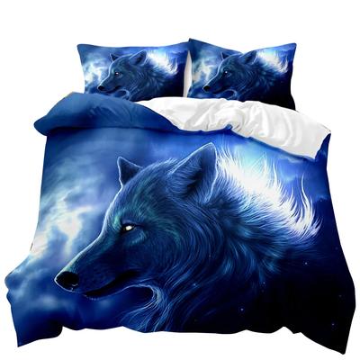 Set copripiumino lupo con tema animale 3D, set di biancheria da letto retrò, fresco, selvaggio, lupo, cielo blu, matrimoniale, matrimoniale king size, copripiumino in morbido poliestere.