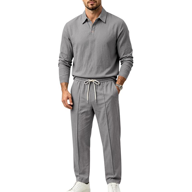 Grenzüberschreitender Herren-Leinen-Langarm-Poloshirt und Gerade Hosenanzug