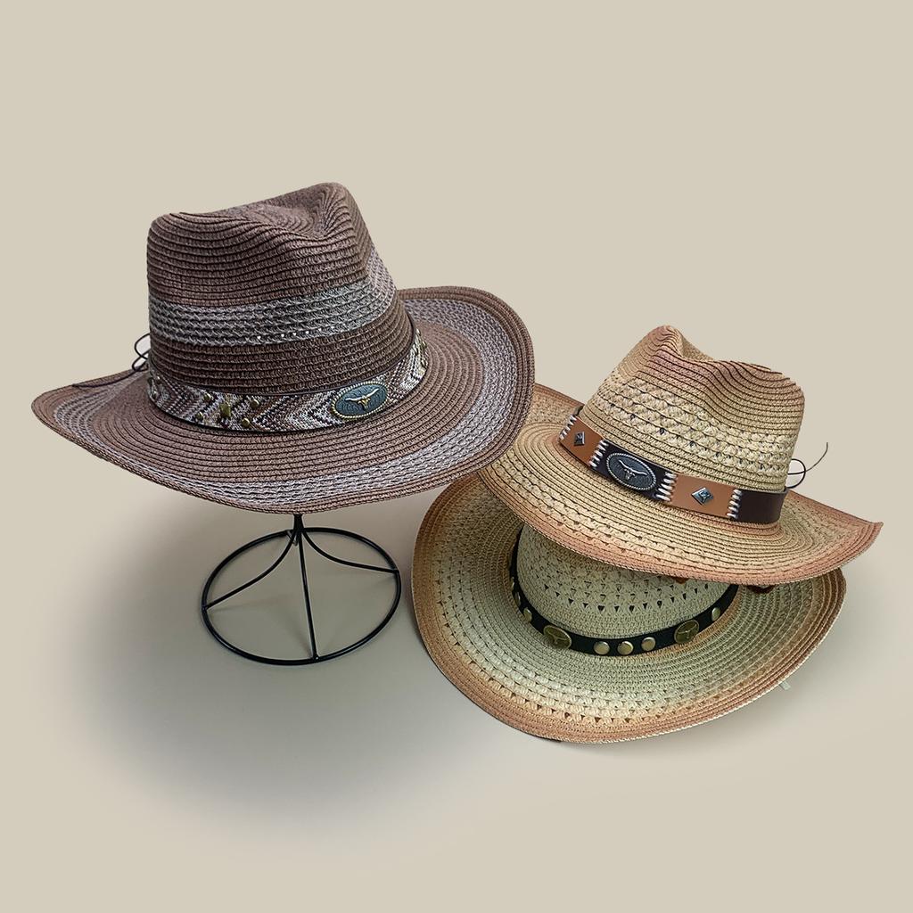 Tibetan Xinjiang Cattle Head Western Cowboy Hat Men And Women Shading Gradual Change Color Outdoor Mountaineering Straw Hat