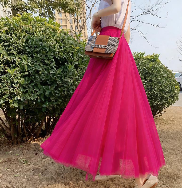 Women's High-Waist Mid-Length Pleated Mesh Skirt