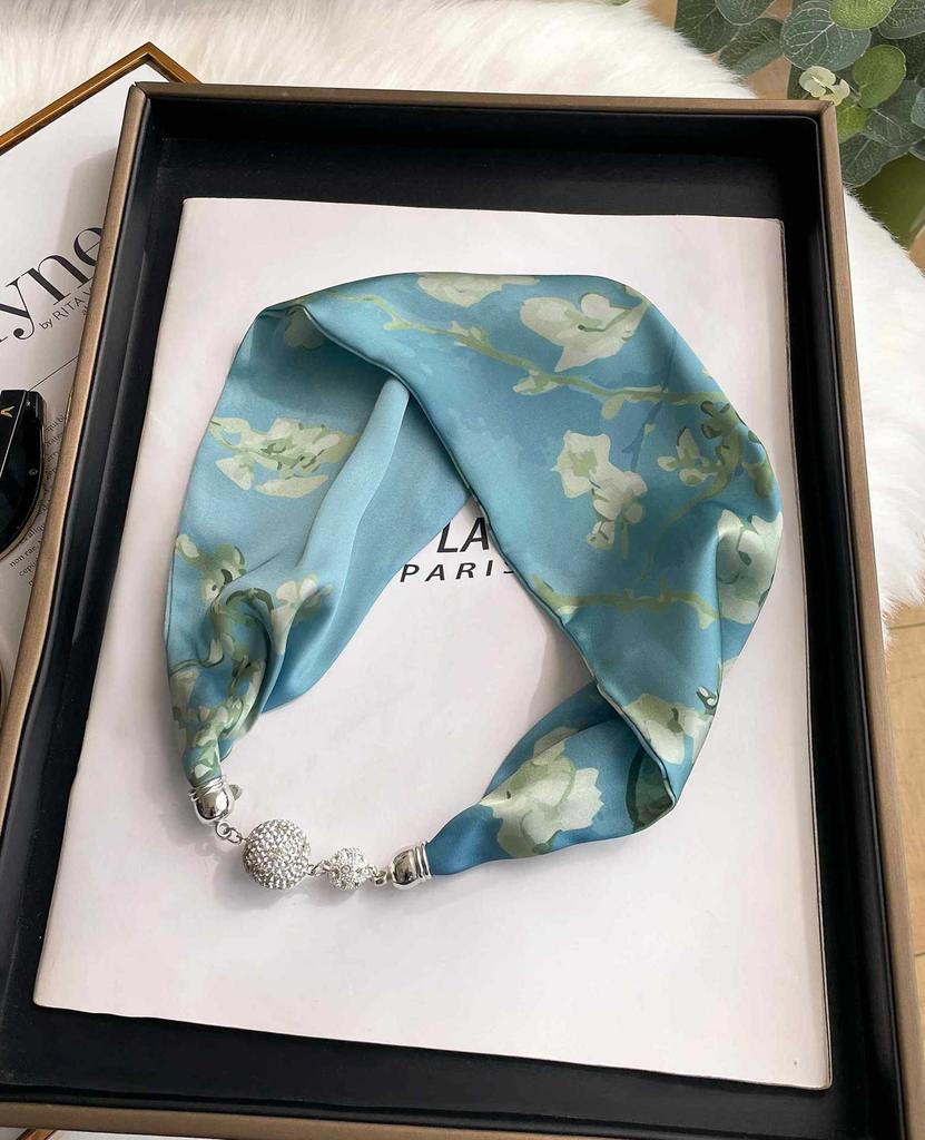 Magnetic Buckle Silk Scarf Headband Internet Celebrity New Magnetic Buckle Bracelet Small Long Women's Summer Casual Necklace Diamond Neck Band