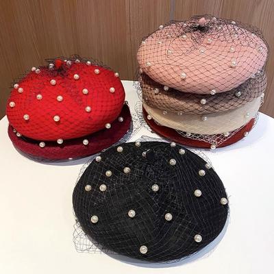 Retro Painter Hat with Mesh Veil Beanie Caps Luxury Wool Beret for Women  for Autumn and Winter
