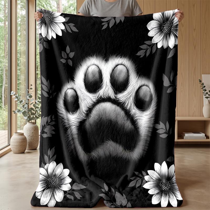 Animal Paw with Flowers Blanket Personalized Name Flannel Blanket Soft Cozy Plush Throw for Sofa Bed Lightweight Home Decor