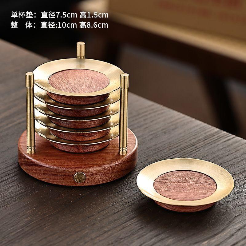 Handcrafted Rosewood Ebony Wood Coaster Set With Copper Inlay Tea Cup Heat Resistant Desktop Drink Mat