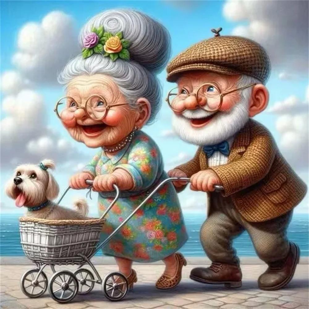 Cartoon Happy Old Couple 5D Full Round Diamond Painting Kits, Cute Grandma and Grandpa DIY Drills Mosaic Embroidery Cross-stitch