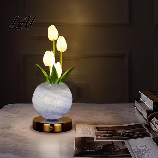 Glass Vase LED Lamp Tulip Planet Night Light Dimmable Touch with Aromatherapy Diffuser Artificial Flower Light USB Rechargeable Table Decor for Home