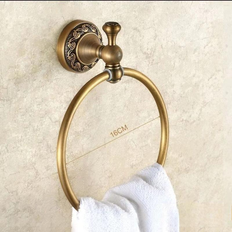 Solid Brass Carved Bathroom Wall Storage Towel Rack, European Antique Bath Towel Holder, Bathroom Hardware Accessory Set