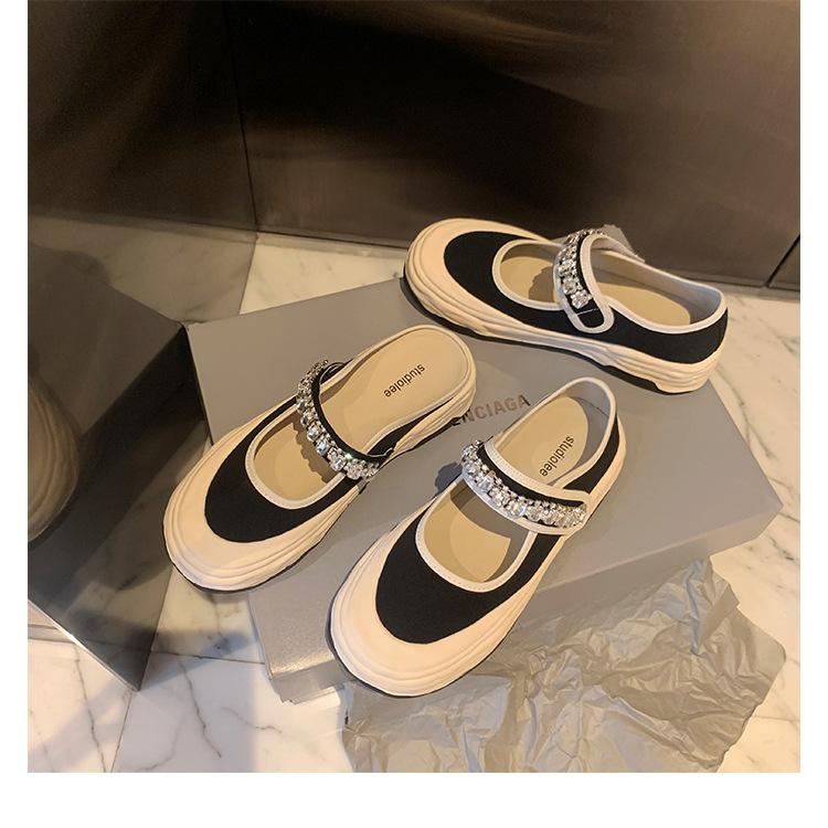 Grape Mother with the Same Rhinestone Word with Velcro Big Round Head Shallow Mouth Mary Jane Half Drag Canvas Shoes Women