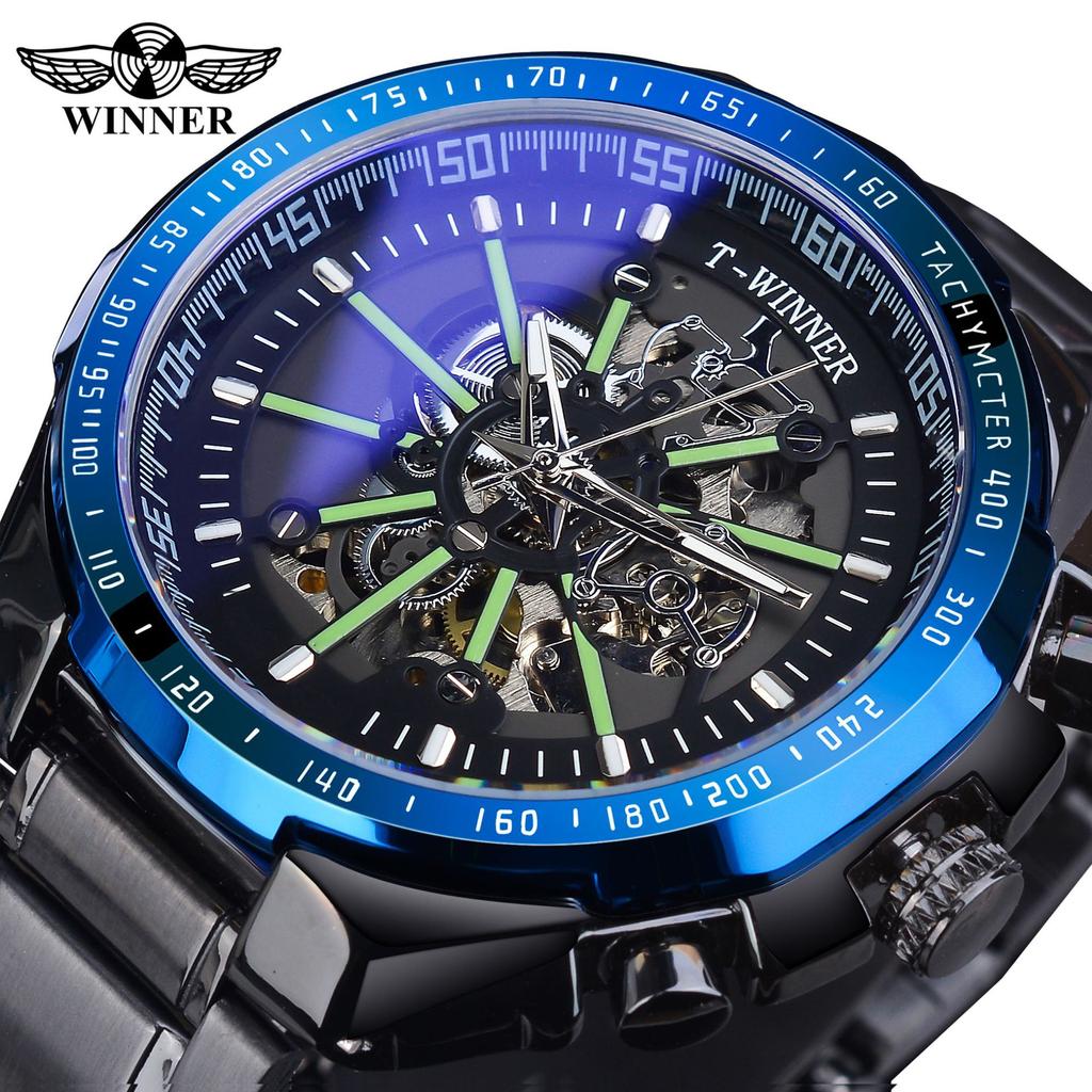WINNER New Top Men's Watch Automatic Mechanical Strap Calendar Water Ghost Series Watch Silver Stainless Steel Waterproof Luminous