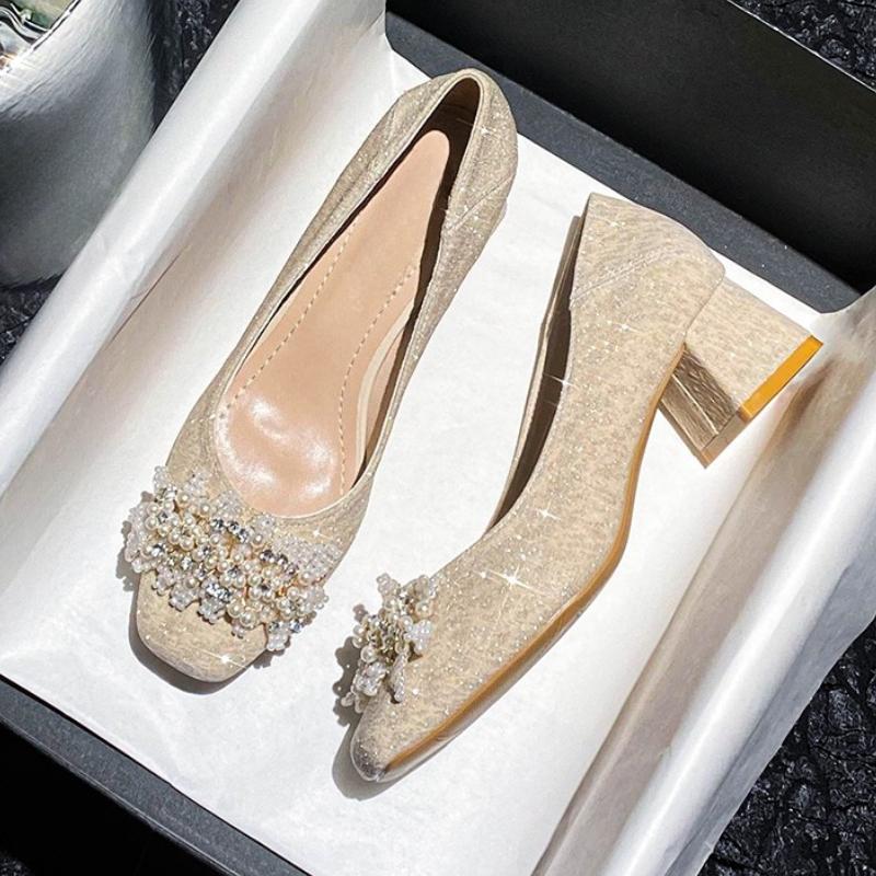 Fashion Elegant French Low Heel Single Shoes Women's Spring Autumn New Style Square Head Slip-On Thick Heel Matching Skirts Wedding New