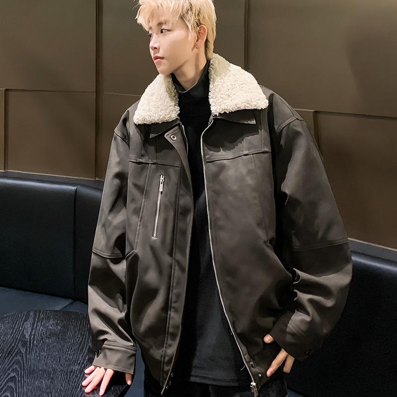 

Men s Winter Retro Quilted Jacket with Fur Collar - Thick Warm Leather Motorcycle Coat, Trendy and Stylish. XL