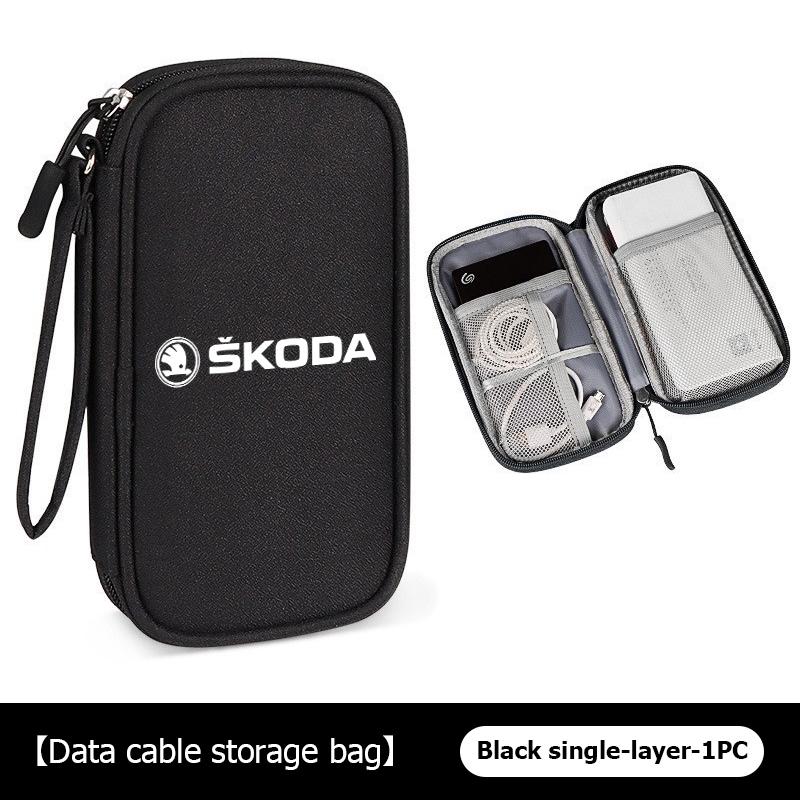 SSOE5 Portable Car Driver's License Cable Gadget Card Pouch Keys Storage Bag For Skoda Kodiaq Octavia 2 3 Rapid Karoq Fabia Kamiq