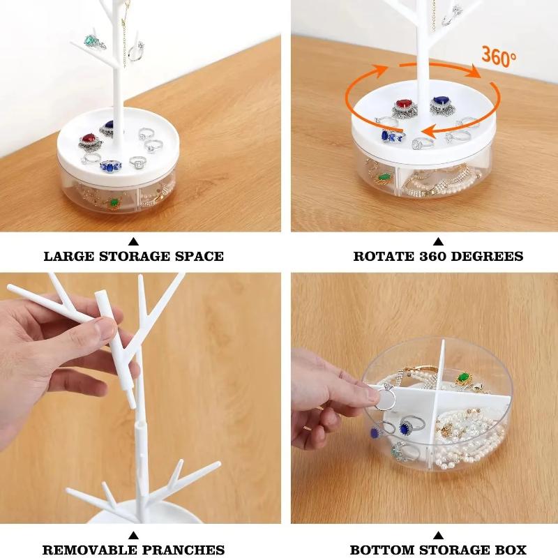 Rotating jewelry display tray,dressing table storage rack,detachable tree branche,partitioned storage box,for home,office,school