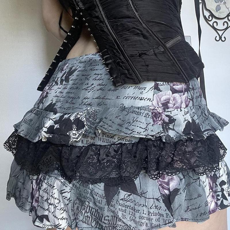Y2k Gothic Miniskirt Womens High Street Ruffles Hem Mini Skirt Bowknot Lace Patchwork Tiered A-Line Skirts Harajuku Faldas
