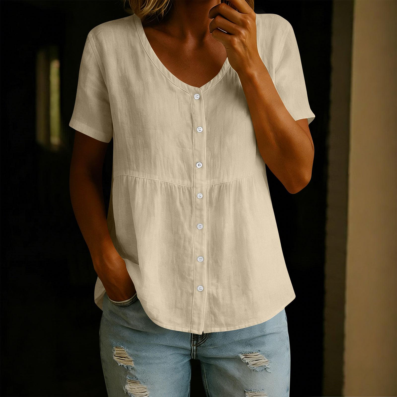 

Women s Fashion V-Neck Button-Down Short-Sleeve -Color Casual Top L бежевый