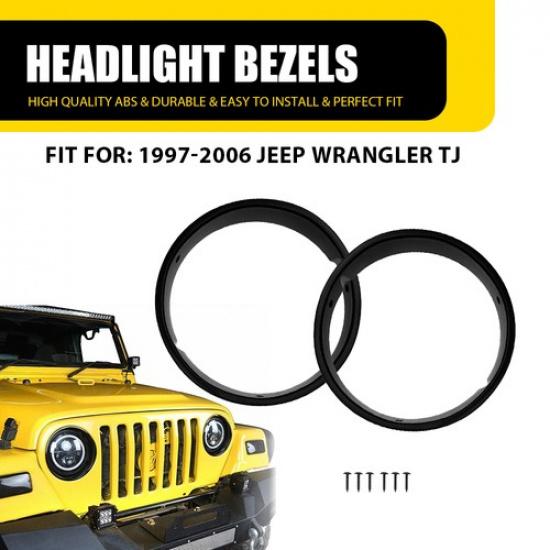 Pair ert Headlight Bezel Left+Right Trim Black for 1997-2006 TJ Jeep Wrangler