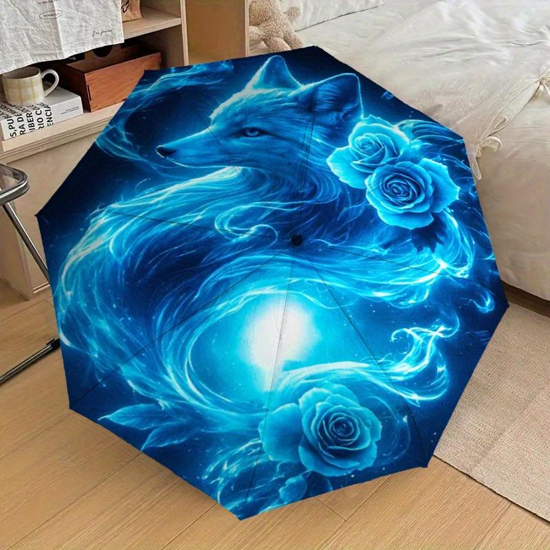 

1pc Wolf and Roses Umbrella - Automatic Open/Close Compact Travel Umbrella with Wolf howling & Blue Roses, Reinforced 8-Rib Fr Iron&8K