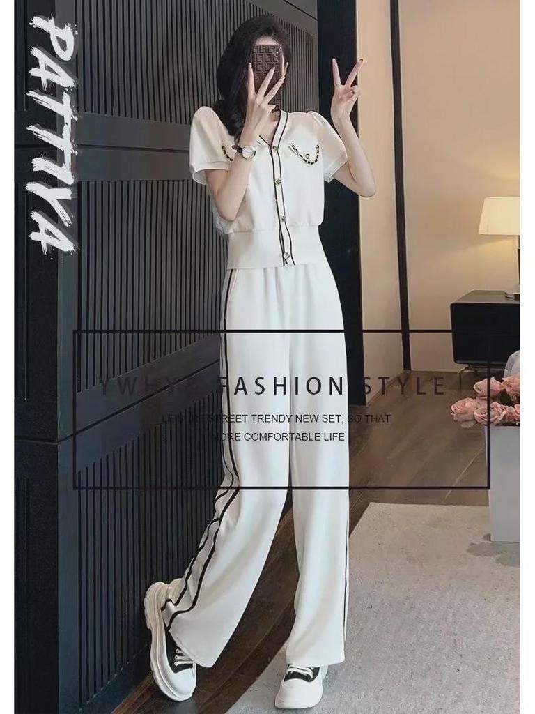 Goddess-Style V-Neck Casual Two-Piece Suit with Slim Wide-Leg Pants, 2025