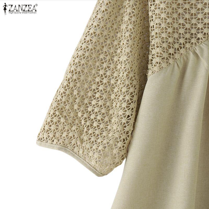 ZANZEA Women Hollow Lace Patchwork V-Neck 3/4 Sleeve Loose Casual Blouse