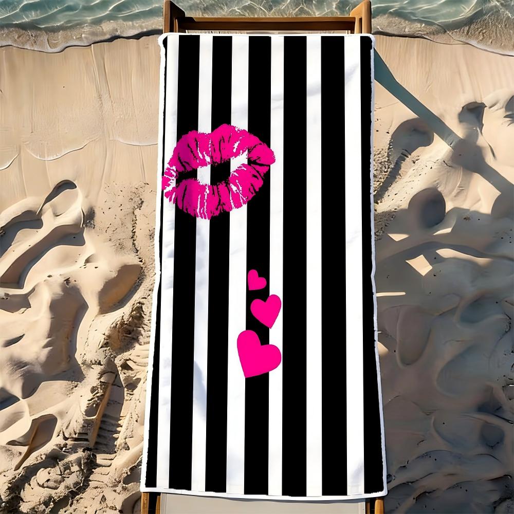 1pc Beach Towel, Soft Lightweight Black White Striped with Pink Lips, Sand-Free, Ideal for Travel, Picnic, Camping, Swimming
