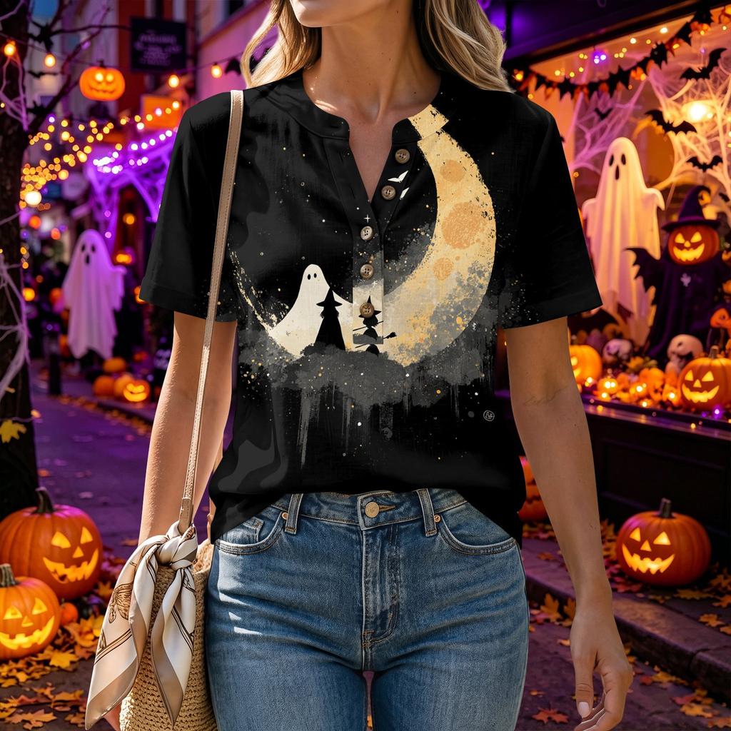 Women's Short Sleeve Button Down Shirt, Halloween Print, Cotton Linen , Casual Summer Top