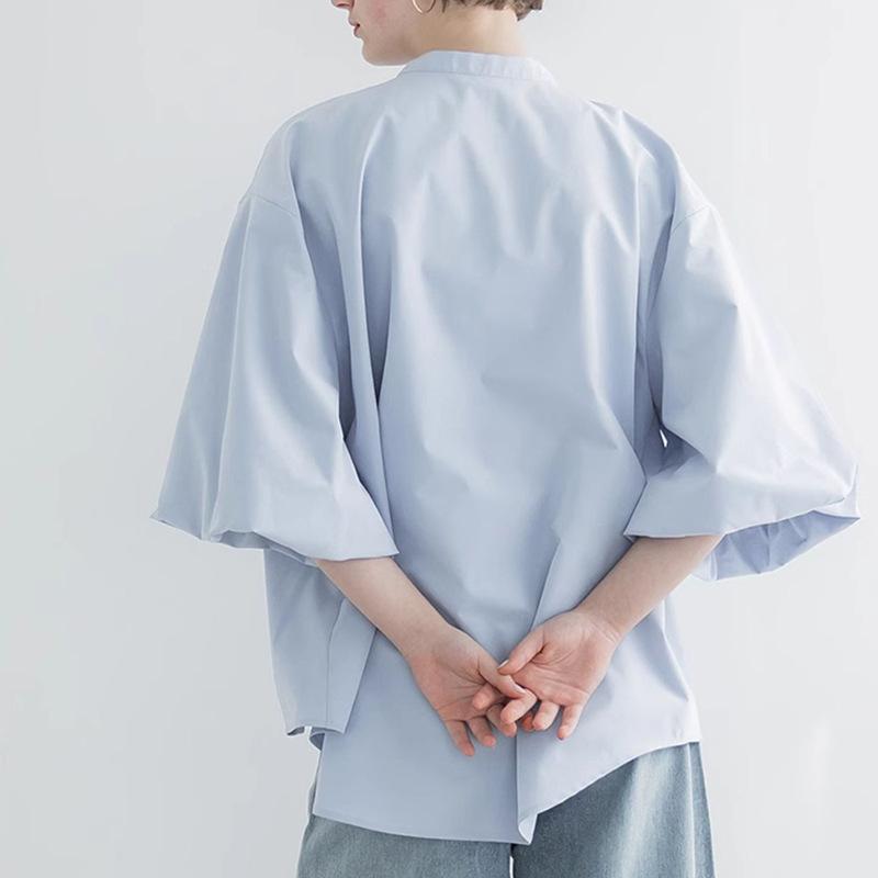 Summer Simple Loose Slim Half High Neck Three-quarter Sleeve Solid Color Pullover Chiffon Shirt Shirt Top for Women