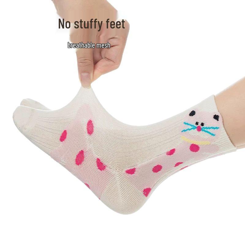 Girls' Summer Mesh Cotton Socks - Odor-Resistant, Breathable, Trendy Cartoon Mid-Calf Socks