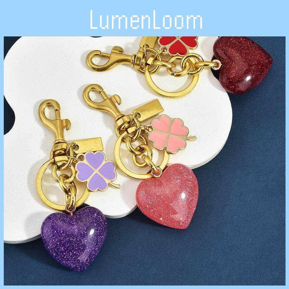 Love Heart Four Leaf Clover Keychain With Glitter Resin Metal For Fashion Bags And Gifts
