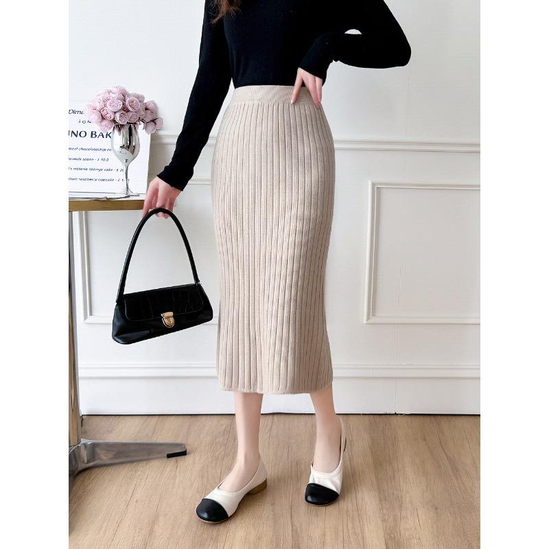 

Весна Осень Повседневная Женская Юбка С Высокой Талией Сексуальная Трикотажная Юбка С Разрезом Сзади Элегантные Однотонные Офисные Длинные Юбки Для Женщин Мода One Size