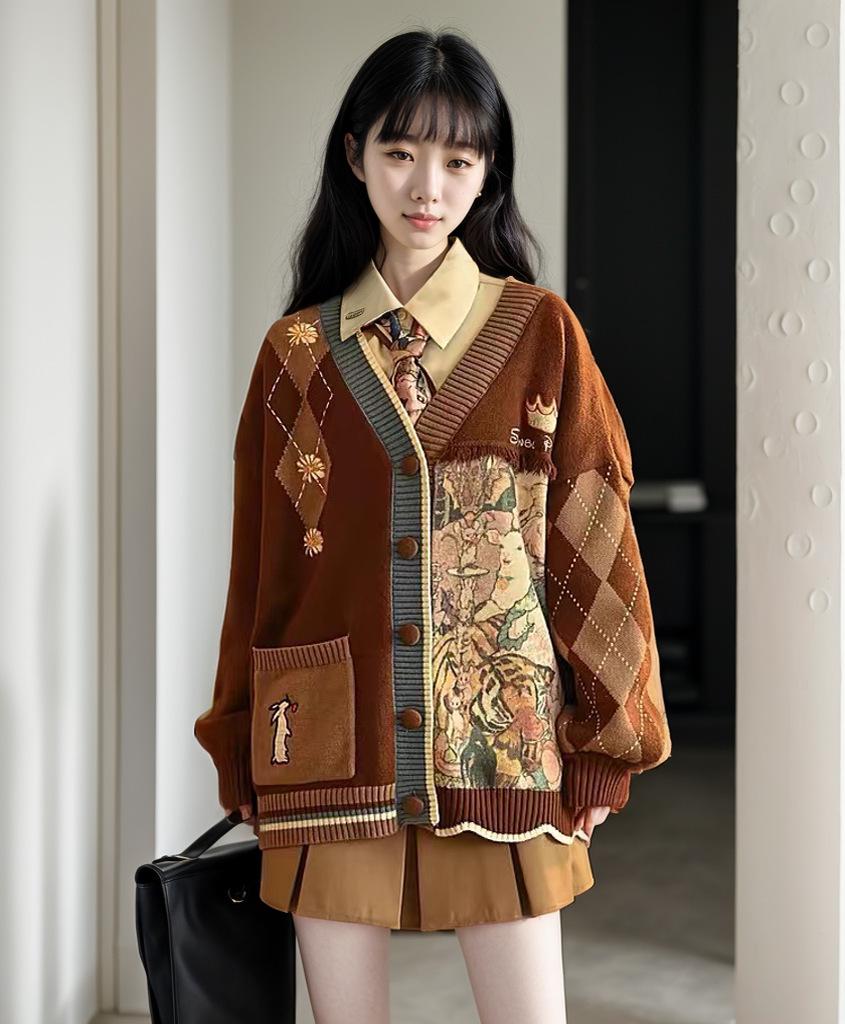 

Коричневый кардиган с V-образным вырезом и цветочным принтом: Женский весенне-осенний свободный свитер для похудения One Size