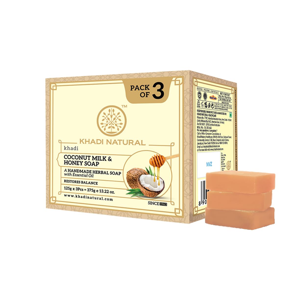 Khadi Natural Coconut Milk & Honey Soap Pack of 1 – Deeply Moisturizing Bathing Bar for All Skin Types 125g x 3