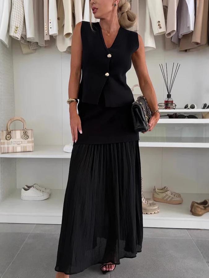 2025 Damen Sommer Schlankmachende Strickweste & Raffung Tüll Patchwork Langes Kleid Set