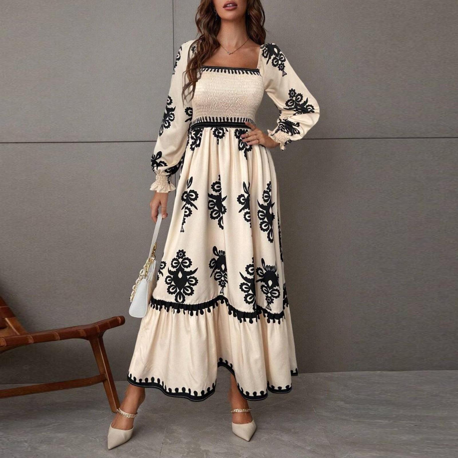 

Женское модное платье в стиле бохо с квадратным вырезом и длинными рукавами S чёрный