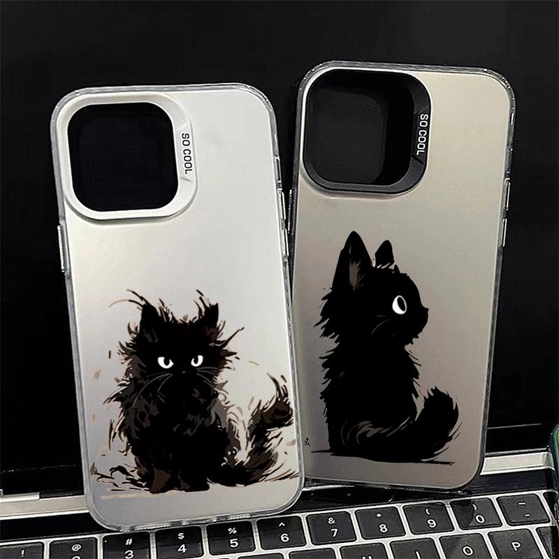 Black Cat Ink Painting Phone Case For  Redmi Note 13 12 Pro Plus 4G 5G 11 10 Pro 10S 11S 12S 13C Plating Matte Hard Cover