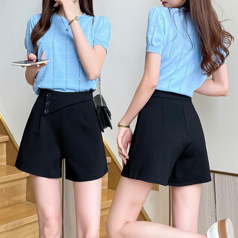 Pantalones cortos de línea A con diseño irregular para mujer en verano Traje negro Pantalones casuales Cintura alta Adelgazantes Pierna ancha