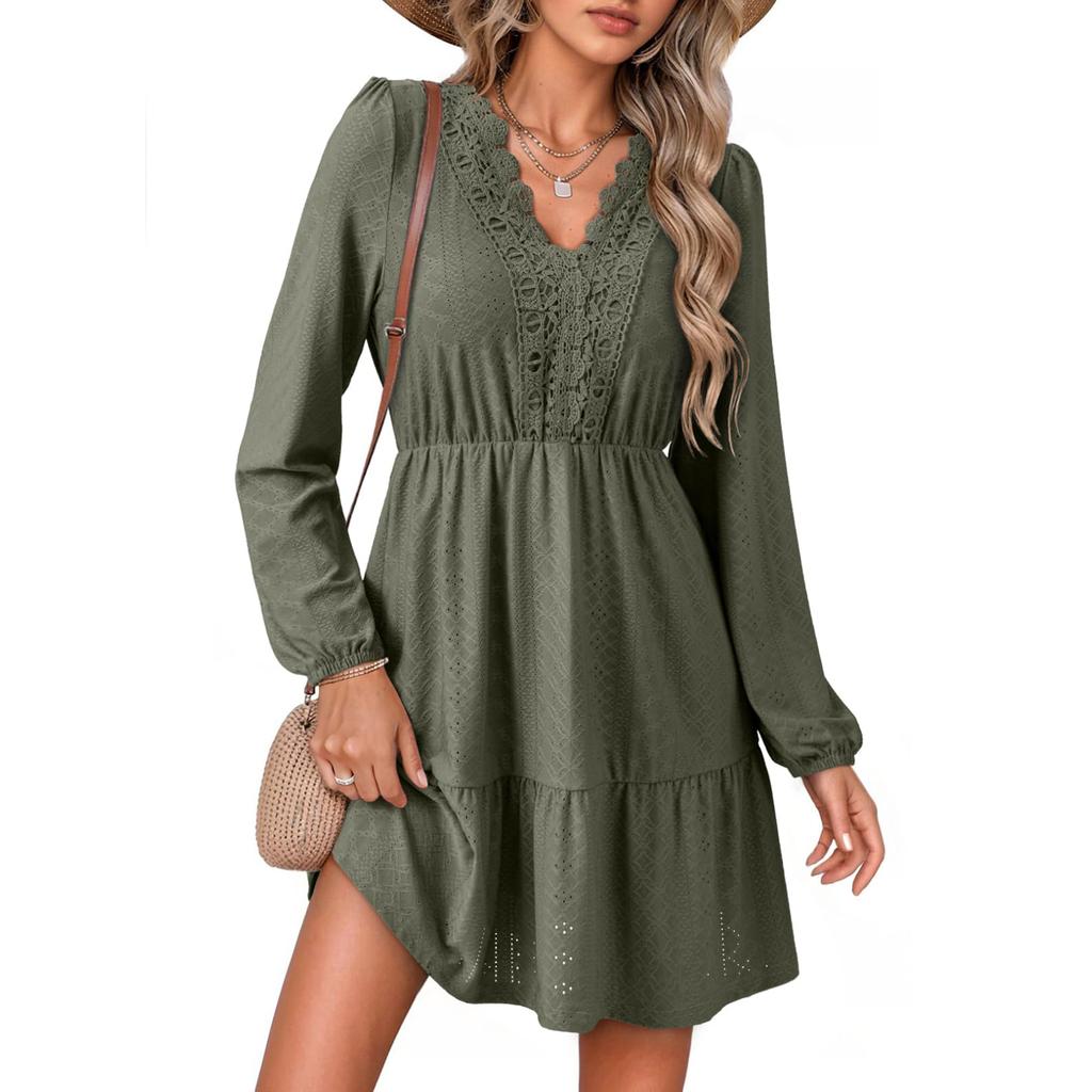 Women's Fashion Dress Elegant Lace Hollow Embroidery V-neck Long Sleeve Casual A-line Dress