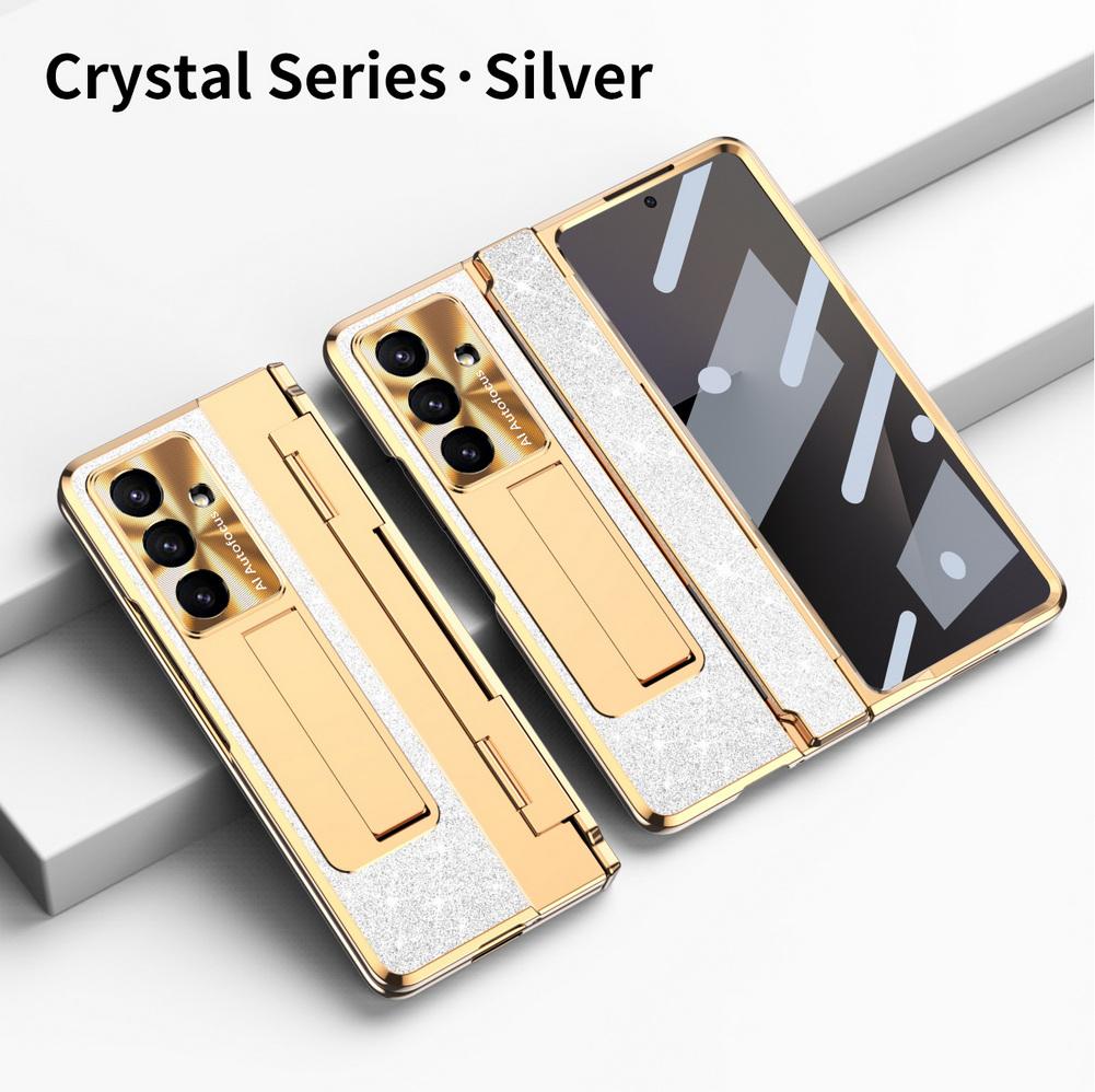 

Shiny Rhinestone Bling Plated Bezel Holder Hinged Phone Case for Samsung Z Galaxy Z Fold 7 6 5 4 Slim Glass Protective Film Back Cover Galaxy Z Fold7 срібний
