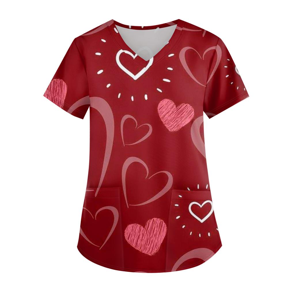 Ladies' Valentine's Day Printed Fashionable V-neck Pocket Short Sleeved  Uniform And Caregiver Top