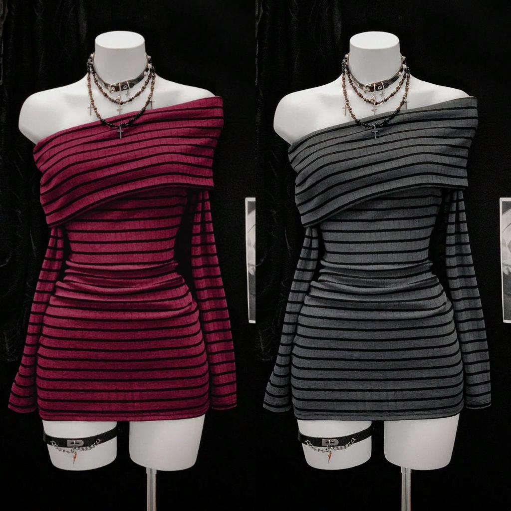 Autumn Winter Off-Shoulder Striped Long-Sleeve Bodycon Y2K Dress