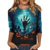 Women's Halloween Print Round Neck Three-Quarter Sleeve Blouse Top for Fall Parties