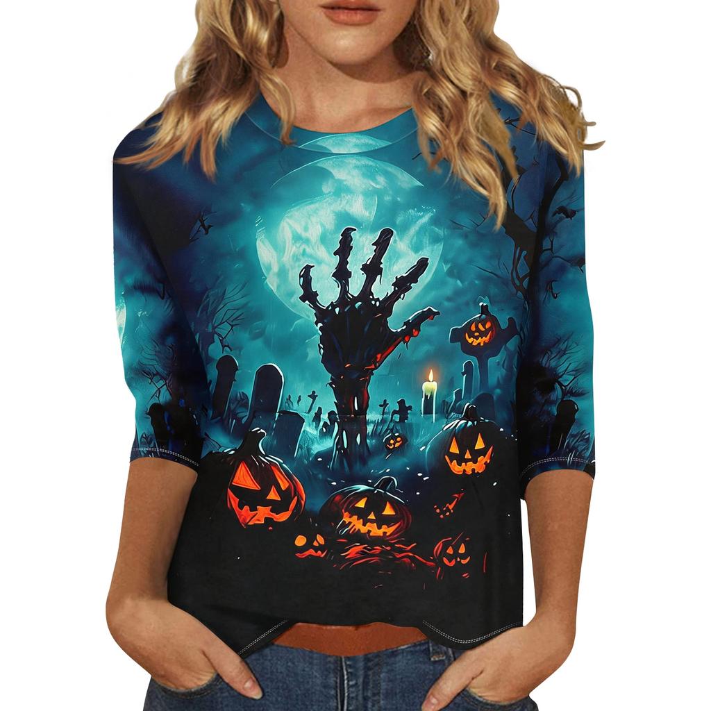 Women's Halloween Print Round Neck Three-Quarter Sleeve Blouse Top for Fall Parties