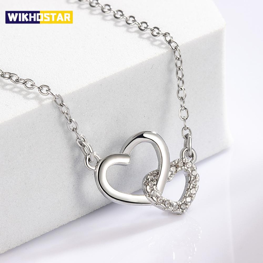 Collane Doppio Cuore in Argento Sterling 925 con Zirconi per Donne Ragazze Matrimonio Gioielli di Lusso Designer Accessori Argento 925