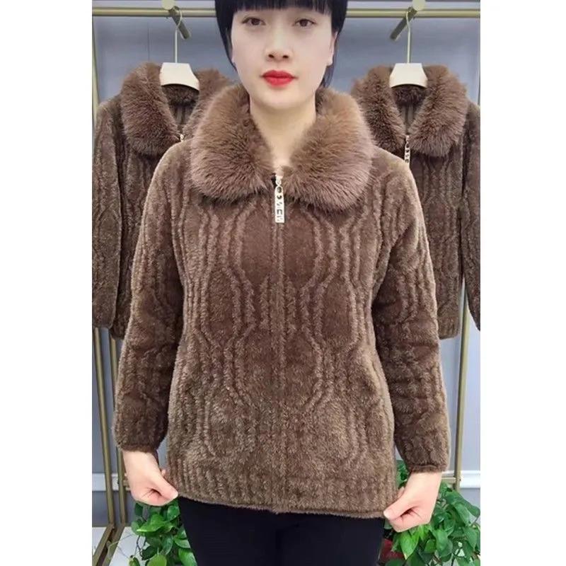 Women Knitted Cardigan Thicken Large Size Imitation Mink Velvet Sweater Coat Middle-Aged Mother Fur Collar Zipper Knit Jacket